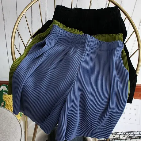 短裤女夏薄款五分裤高腰直筒显瘦热裤宽松垂感休闲运动百褶阔腿裤商品大图