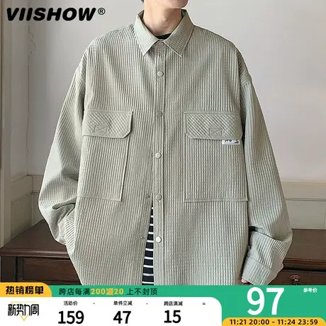 viishow日系复古简约华夫格长袖衬衫男潮牌宽松bf风街头休闲外套图片