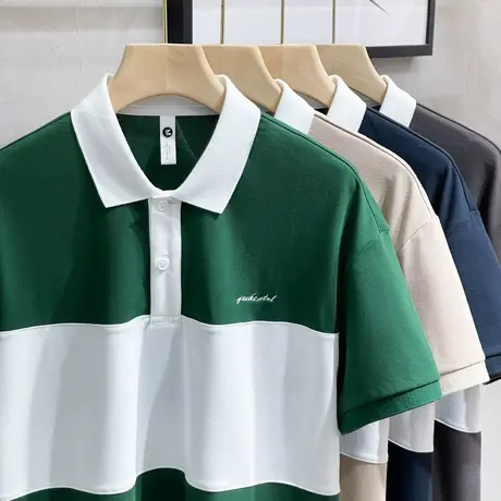 美式休闲原创男装日系简约条纹撞色翻领POLO衫男夏季百搭T恤上衣商品大图