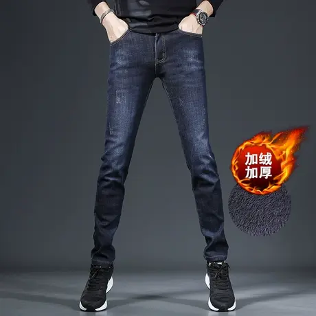 秋冬牛仔裤男加绒加厚蓝色潮牌2022新款修身小脚冬季保暖男士裤子商品大图