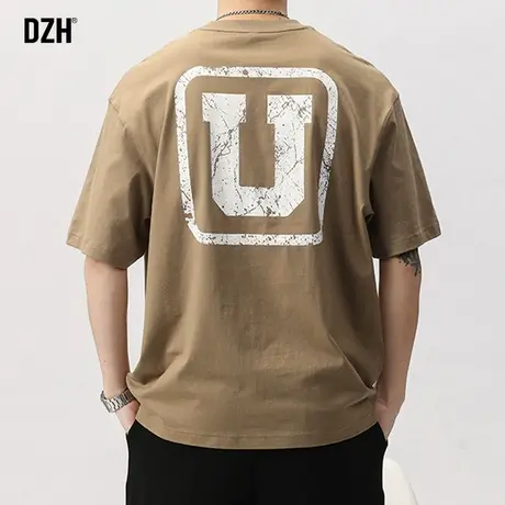 男士纯棉短袖t恤男夏季潮牌卡其圆领上衣男装印花体恤衫2023新款商品大图