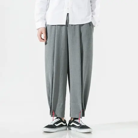 夏季男九分裤纯棉褶皱裤脚口抽绳收口复古做旧日系男装大码休闲裤图片