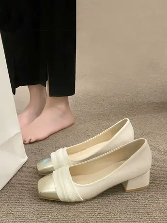 法式方头浅口单鞋女夏季2023年新款小香风配裙子拼色粗跟玛丽珍鞋商品大图