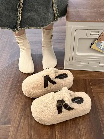 时尚松糕厚底包头半拖鞋女外穿2023新款秋冬季羊羔毛毛鞋爆款棉拖商品大图