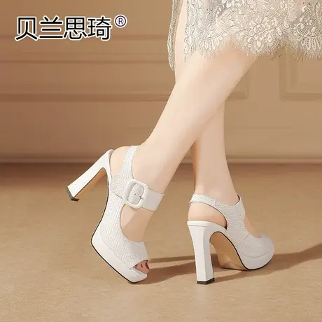 真皮鱼嘴防水台高跟鞋女夏季新款一字带厚底百搭粗跟凉鞋图片