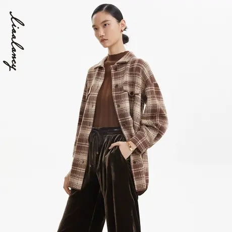 LANCY/羊毛衬衫领针织开衫俪雅朗姿秋季新款格纹长袖外套女奥莱商品大图