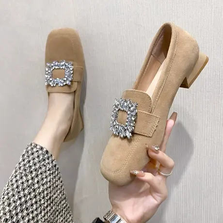 单鞋女浅口2023新款方头小跟鞋女士水钻豆豆鞋复古ins通勤乐福鞋商品大图