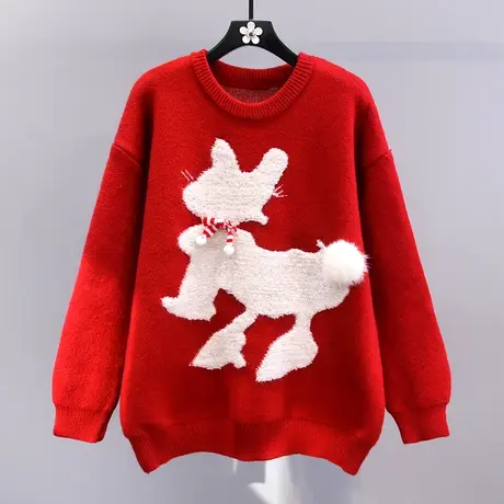 新年卡通本命年红色毛衣女冬季2023新款宽松慵懒风洋气加厚针织衫商品大图