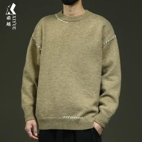 美式复古慵懒圆领毛衣男士春季保暖打底衫宽松2024新款春秋针织衫商品大图