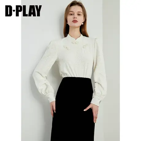 DPLAY新中式名媛气质奶油杏立领植绒蕾丝衫内搭打底小衫图片