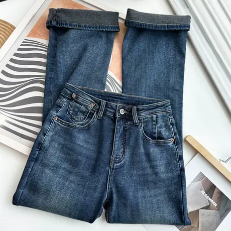 享永子【好穿又好搭】暖玉绒复古显腿长微喇裤 弹力薄绒牛仔裤女商品大图