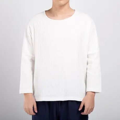 秋季棉麻薄款t恤男装中式长袖大码圆领麻料唐装溜肩宽松打底衫图片