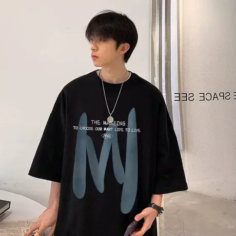 短袖T恤男夏季新款纯棉半袖体恤国潮ins字母印花休闲宽松打底上衣商品大图