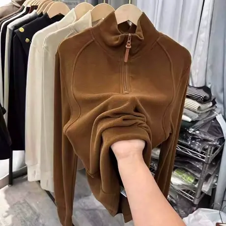 设计感小众半拉链长袖T恤女秋冬德绒磨毛宽松立领打底衫内搭上衣图片