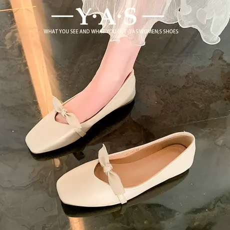夏季方头低跟单鞋女浅口仙女风蝴蝶结平跟软底奶奶鞋软皮上班软鞋图片