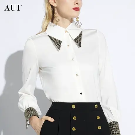 AUI白色职业长袖衬衫女2024早春新款气质修身上衣设计感通勤衬衣图片