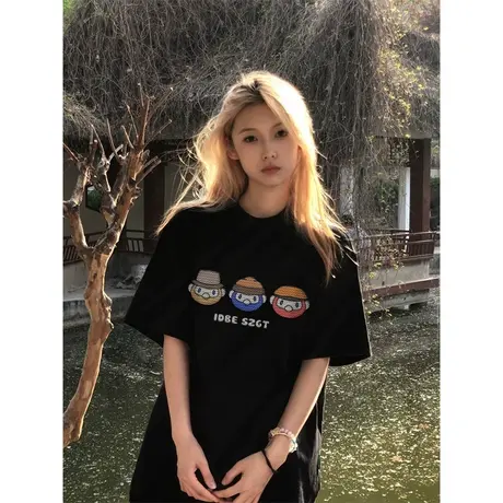 纯棉oversize重磅短袖t恤女2023春夏新款宽松韩版国潮牌大码上衣图片