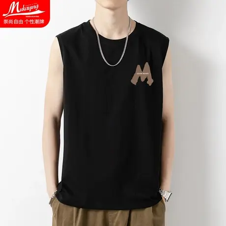 美式潮流运动健身背心男简约ins宽松纯棉宽肩坎肩无袖t恤夏季内搭图片