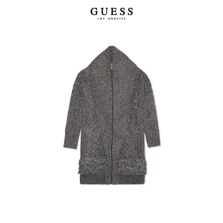 GUESS23 新秋女士粗针加厚含羊毛开衫中长款无扣保暖针织外套毛衣图片