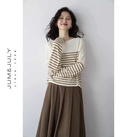 嘉茱莉2023秋季新款撞色条纹针织衫女薄款长袖毛衣套头宽松外搭商品大图