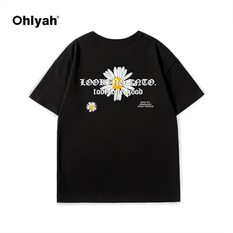 Ohlyah潮牌植物花卉原创小雏菊字母印花白色短袖纯棉情侣装T恤男商品大图
