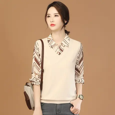 韩潮袭人拼接假两件格子2023秋季新款女士衬衫气质印花套头衬衣商品大图