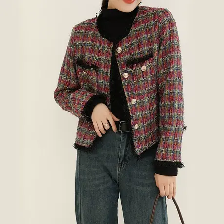 韩潮袭人2023冬季新款小香风格子毛呢短外套女士休闲小西装上衣图片