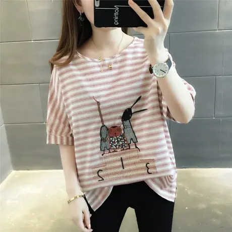 棉麻女装2023夏装新款条纹亚麻刺绣半袖体恤上衣潮打底短袖t恤女图片