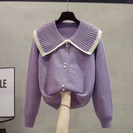 娃娃领针织开衫女2023秋装新款宽松外穿上衣外搭小香风毛衣外套潮商品大图