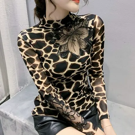 加绒打底衫女春秋2023新款性感镂空高领T恤女长袖洋气网纱上衣ins图片