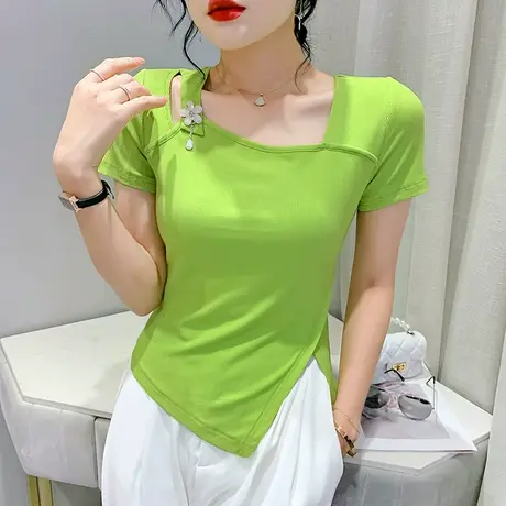 不规则下摆侧开叉T恤女短袖欧货性感镂空小衫紧身高腰别致上衣夏图片