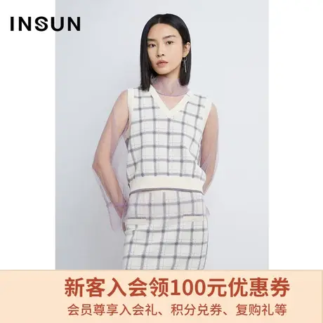 恩裳商场同款春季时尚假两件紫色网纱拼接感通勤格纹毛织衫女图片