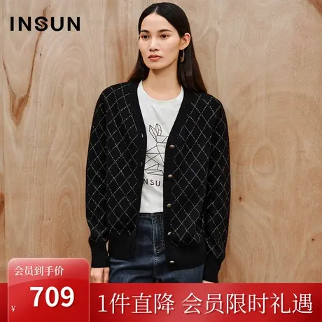 恩裳2023秋装新款气质学院风几何针织格纹简约细闪银丝针织衫开衫商品大图