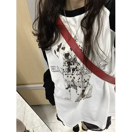 复古美式插肩袖拼色小狗圆领长袖T恤爆款秋冬新款宽松显瘦上衣ins商品大图