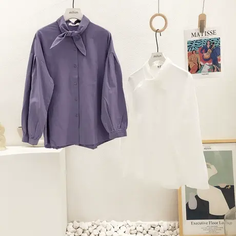 韩国东大门 紫色衬衫2022早春装新款ins文艺甜美系带长袖上衣大码商品大图