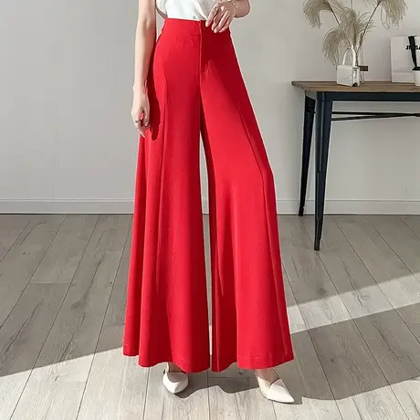 红色裙裤气质高腰阔腿裤女夏季2023新款跳舞宽松大脚裤垂感长裤子商品大图