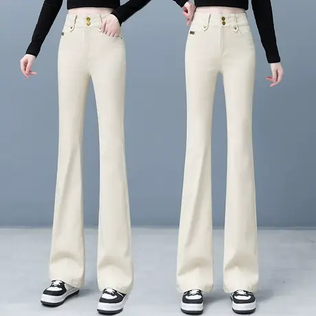 杏色微喇裤女秋季2023新款女士休闲小个子高腰显瘦弹力纯棉喇叭裤商品大图