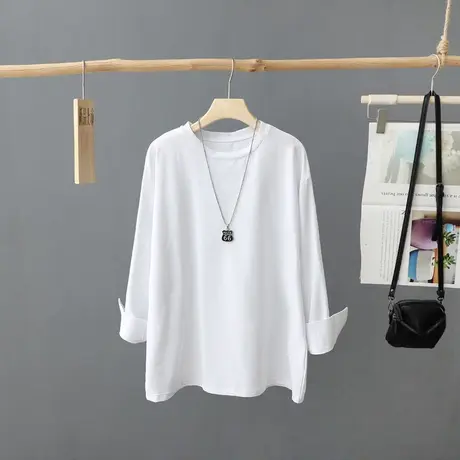 纯色圆领长袖大白T恤女秋季2023新款休闲宽松中长款长袖体恤上衣图片