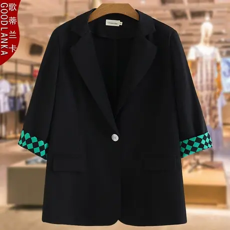 中年妈妈夏装西服女加肥加大码宽松时尚黑色七分袖休闲小西装外套图片