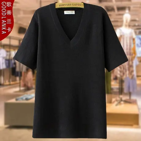 大码夏季冰丝短袖上衣200斤洋气时尚百搭中年妈妈装弹力V领针织衫商品大图