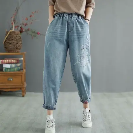 春夏季子女款刺绣弹力八分牛仔裤女翻边水洗宽松休闲松紧腰哈伦裤图片