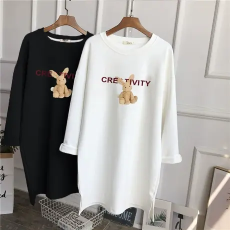 纯棉宽松大码中长款磨毛上衣长袖T恤女韩版休闲卡通印花圆领内搭商品大图