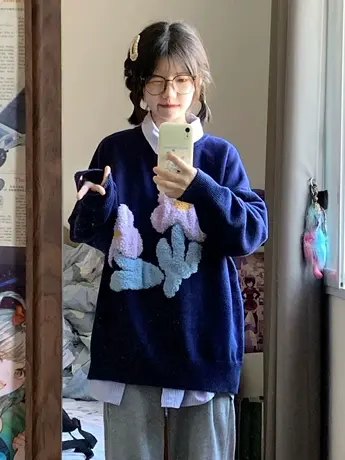 日系复古毛衣女秋冬季加厚宽松设计感小众上衣温柔慵懒风针织外套图片