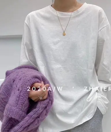 软软面料纯色基础宽松长袖T恤女2023春秋季新款圆领纯棉打底衫上图片