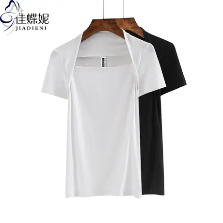 夏季新款韩版纯棉修身显瘦包肩领小心机纯色短袖体恤上衣女装T恤商品大图