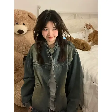 美式复古港风chic牛仔外套女春秋季2023新款水洗做旧夹克上衣百搭图片
