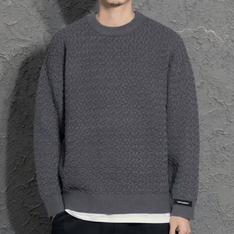 奕飏黑色圆领毛衣男2021秋冬新款潮流线衣加厚保暖针织衫打底毛衫商品大图