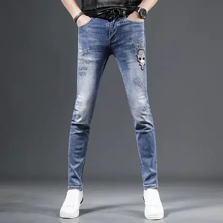 牛仔裤男夏季新款2023潮牌个性刺绣修身小脚蓝色弹力百搭男士裤子商品大图
