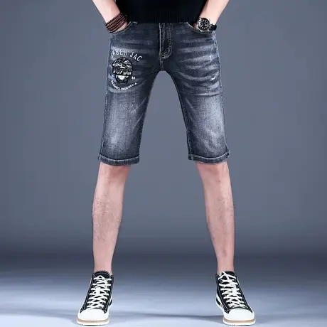 2023秋款男士新款牛仔短裤黑灰色修身刺绣印花破洞中裤棉弹男潮牌商品大图