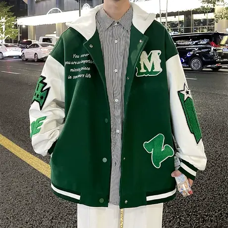 美式棒球服男士春秋款潮牌宽松大码痞帅连帽复古男生休闲夹克外套商品大图